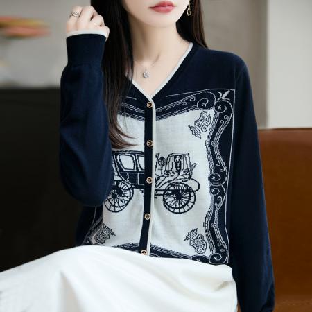 FA50094# 早秋V领马车提花针织开衫外套女新款春秋洋气女装秋冬上衣 服裝批發女裝批發服飾貨源