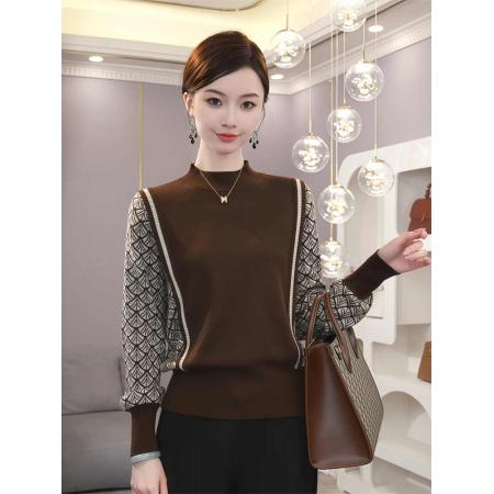 FA50096# 早秋新款咖色毛衣慵懒高级感超好看假两件衬衫拼接针织衫上衣 服裝批發女裝批發服飾貨源
