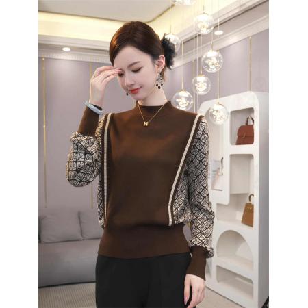 FA50096# 早秋新款咖色毛衣慵懒高级感超好看假两件衬衫拼接针织衫上衣 服裝批發女裝批發服飾貨源