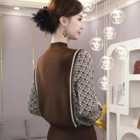 FA50096# 早秋新款咖色毛衣慵懒高级感超好看假两件衬衫拼接针织衫上衣 服裝批發女裝批發服飾貨源