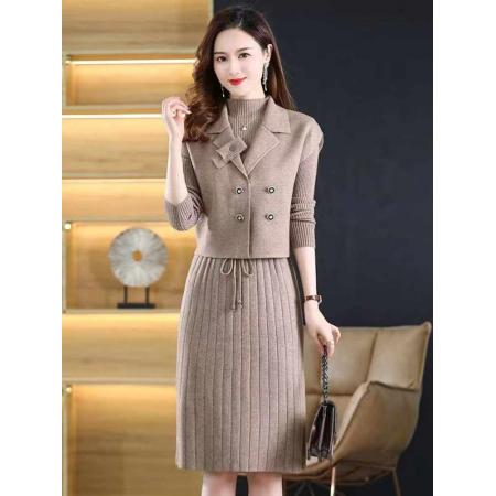 FA50097# 轻奢时尚秋冬新款羊毛套装连衣裙针织减龄收腰两件套 服裝批發女裝批發服飾貨源