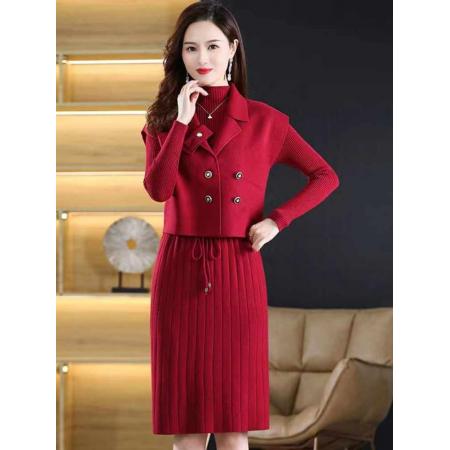 FA50097# 轻奢时尚秋冬新款羊毛套装连衣裙针织减龄收腰两件套 服裝批發女裝批發服飾貨源