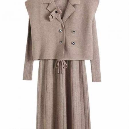 FA50097# 轻奢时尚秋冬新款羊毛套装连衣裙针织减龄收腰两件套 服裝批發女裝批發服飾貨源