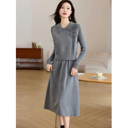 FA50098# 马甲针织连衣裙两件套女新款深秋初冬穿搭超好看灰色冬季裙子 服裝批發女裝批發服飾貨源