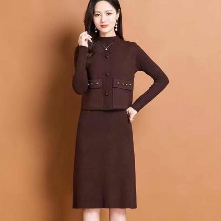 FA50099# 新中式时尚连衣裙衣裙秋冬季套装新款针织马甲两件套气质秋冬打底 服裝批發女裝批發服飾貨源