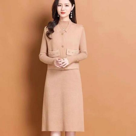 FA50099# 新中式时尚连衣裙衣裙秋冬季套装新款针织马甲两件套气质秋冬打底 服裝批發女裝批發服飾貨源