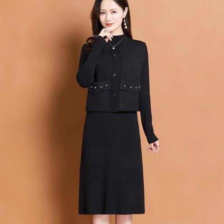 FA50099# 新中式时尚连衣裙衣裙秋冬季套装新款针织马甲两件套气质秋冬打底 服裝批發女裝批發服飾貨源