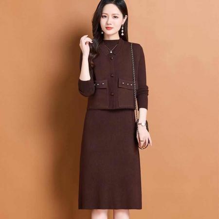 FA50099# 新中式时尚连衣裙衣裙秋冬季套装新款针织马甲两件套气质秋冬打底 服裝批發女裝批發服飾貨源