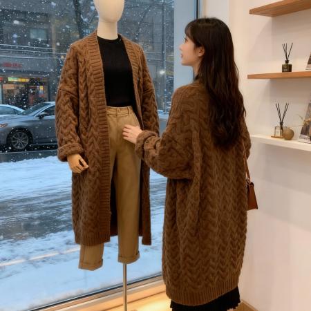 FA50104# 驼绒加厚实复古麻花毛衣女秋冬中长款V领扣宽松开衫外套纯色毛线 服裝批發女裝批發服飾貨源