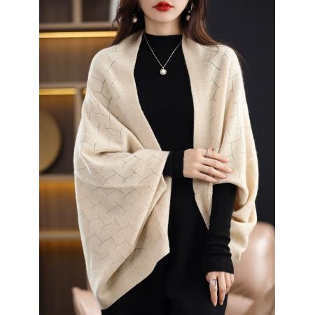 FA50106# 早秋针织披肩围巾两用女镂空薄外套斗篷宽松针织衫 服裝批發女裝批發服飾貨源