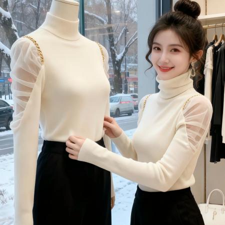 FA50107# 欧货高领冬季毛衣新款网纱露肩修身内搭打底针织衫上衣女秋冬 服裝批發女裝批發服飾貨源