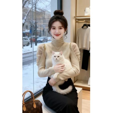 FA50107# 欧货高领冬季毛衣新款网纱露肩修身内搭打底针织衫上衣女秋冬 服裝批發女裝批發服飾貨源