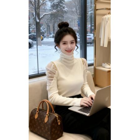 FA50107# 欧货高领冬季毛衣新款网纱露肩修身内搭打底针织衫上衣女秋冬 服裝批發女裝批發服飾貨源