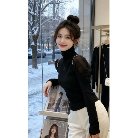 FA50107# 欧货高领冬季毛衣新款网纱露肩修身内搭打底针织衫上衣女秋冬 服裝批發女裝批發服飾貨源