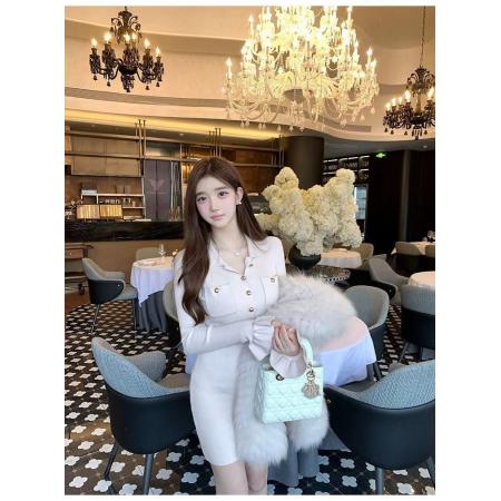 FA50109# 小香风半开领长袖针织连衣裙女秋冬纯欲名媛气质紧身收腰包臀短裙 服裝批發女裝批發服飾貨源