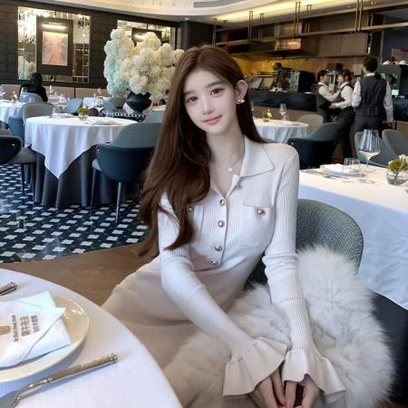 FA50109# 小香风半开领长袖针织连衣裙女秋冬纯欲名媛气质紧身收腰包臀短裙 服裝批發女裝批發服飾貨源