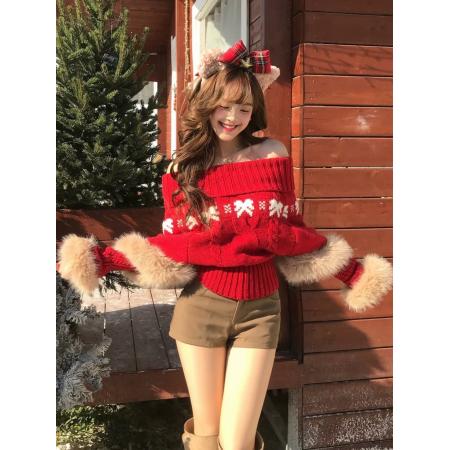 FA50110# 圣诞节红色毛毛针织毛衣女秋冬季加厚小个子慵懒气质宽松斗篷上衣 服裝批發女裝批發服飾貨源
