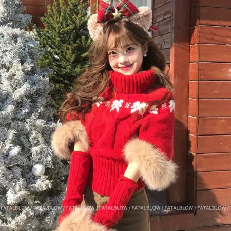 FA50110# 圣诞节红色毛毛针织毛衣女秋冬季加厚小个子慵懒气质宽松斗篷上衣 服裝批發女裝批發服飾貨源