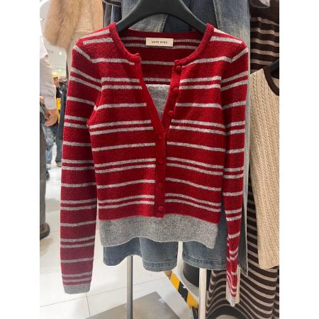 FA50111# 冬新款洋气复古百搭显瘦条纹假两件针织衫 服裝批發女裝批發服飾貨源