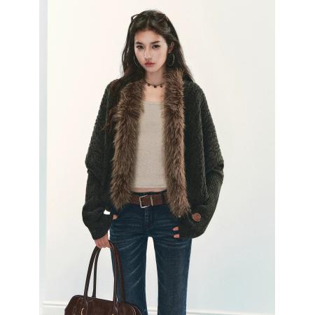 FA50113# 毛领绞花针织外套复古蝙蝠袖宽松显瘦气质慵懒开衫 服裝批發女裝批發服飾貨源