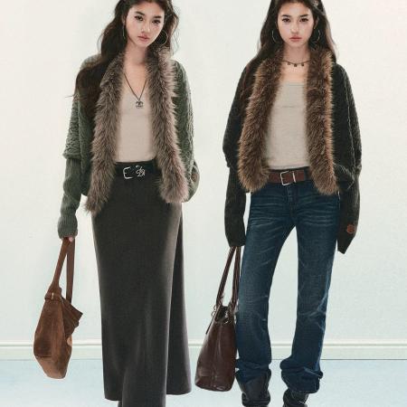 FA50113# 毛领绞花针织外套复古蝙蝠袖宽松显瘦气质慵懒开衫 服裝批發女裝批發服飾貨源