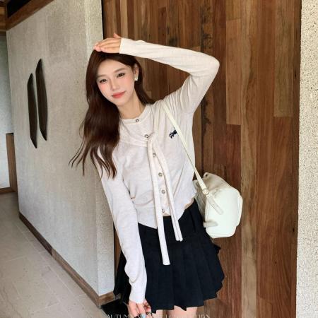 FA50115# 秋韩系圆领条纹小狗刺绣小众修身披肩针织开衫女 服裝批發女裝批發服飾貨源