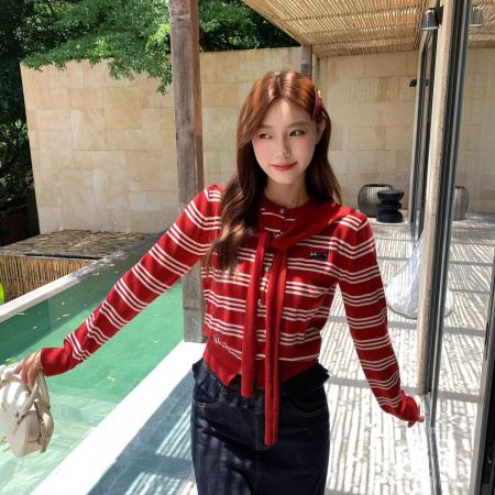 FA50115# 秋韩系圆领条纹小狗刺绣小众修身披肩针织开衫女 服裝批發女裝批發服飾貨源