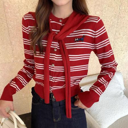 FA50115# 秋韩系圆领条纹小狗刺绣小众修身披肩针织开衫女 服裝批發女裝批發服飾貨源