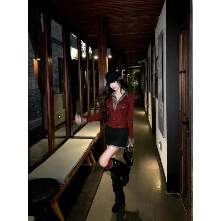 FA50116# 红色圣诞针织衫女冬季学院风假两件格纹拼接上衣 服裝批發女裝批發服飾貨源