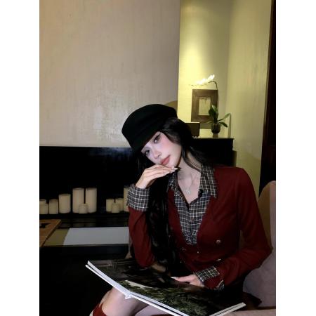 FA50116# 红色圣诞针织衫女冬季学院风假两件格纹拼接上衣 服裝批發女裝批發服飾貨源