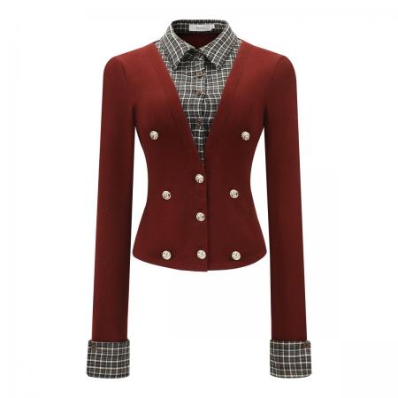 FA50116# 红色圣诞针织衫女冬季学院风假两件格纹拼接上衣 服裝批發女裝批發服飾貨源