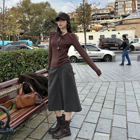 FA50117# 咖棕色立体装饰长袖T恤女秋冬新款设计感上衣 服裝批發女裝批發服飾貨源