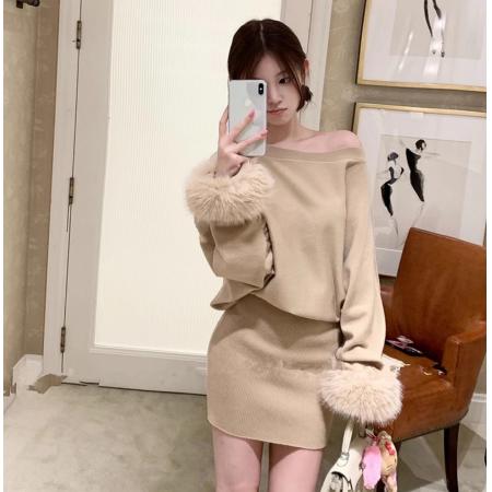 FA50118# 新款一字肩白色针织连衣裙子女秋冬御姐辣妹内搭毛衣包臀短裙 服裝批發女裝批發服飾貨源