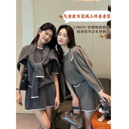 FA50120# 柠檬绿茶小香风撞色上衣加针织开衫加松紧腰短裙三件套 服裝批發女裝批發服飾貨源