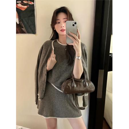 FA50120# 柠檬绿茶小香风撞色上衣加针织开衫加松紧腰短裙三件套 服裝批發女裝批發服飾貨源