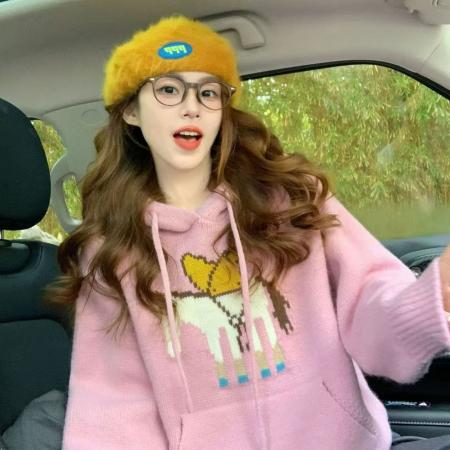 FA50121# 粉色减龄提花连帽毛衣女新款秋冬设计感小个子慵懒软糯针织衫 服裝批發女裝批發服飾貨源