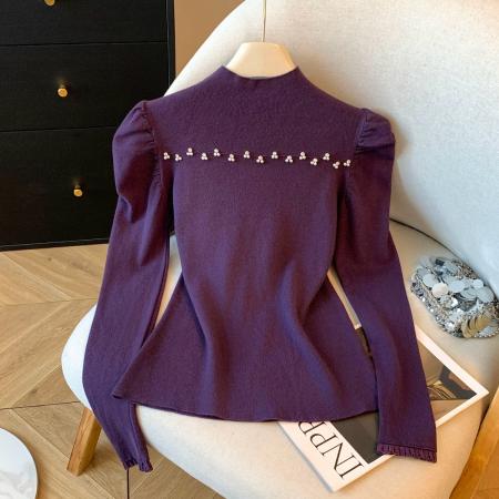 FA50123# 冬季新款半高领打底针织衫胸口镶砖钉珠洋气减龄内搭毛衣 服裝批發女裝批發服飾貨源