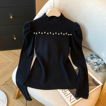 FA50123# 冬季新款半高领打底针织衫胸口镶砖钉珠洋气减龄内搭毛衣 服裝批發女裝批發服飾貨源