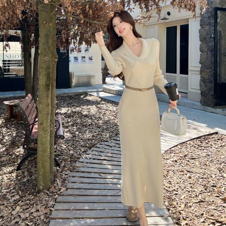 FA50124# 秋冬新款v领针织包臀连衣裙女法式气质长袖毛衣裙修身长裙 服裝批發女裝批發服飾貨源