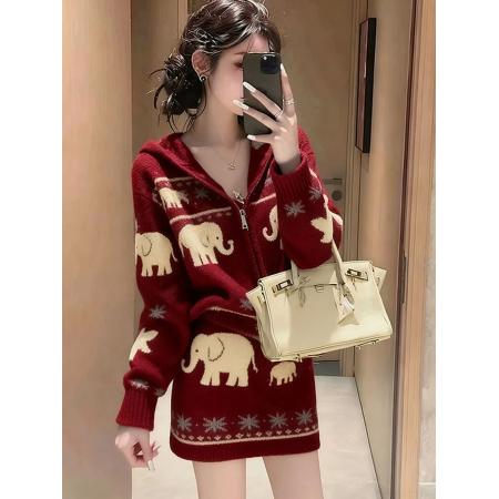 FA50125# 慵懒风气质新年红色V领针织上衣短裙女装秋冬新款巨好看套装 服裝批發女裝批發服飾貨源