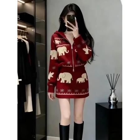 FA50125# 慵懒风气质新年红色V领针织上衣短裙女装秋冬新款巨好看套装 服裝批發女裝批發服飾貨源