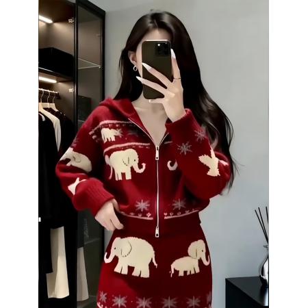 FA50125# 慵懒风气质新年红色V领针织上衣短裙女装秋冬新款巨好看套装 服裝批發女裝批發服飾貨源