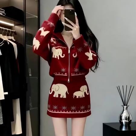 FA50125# 慵懒风气质新年红色V领针织上衣短裙女装秋冬新款巨好看套装 服裝批發女裝批發服飾貨源