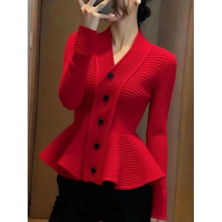 FA50126# 气质名媛巨好看时髦洋气收腰上衣高级感杏色荷叶边针织毛衣女秋冬 服裝批發女裝批發服飾貨源