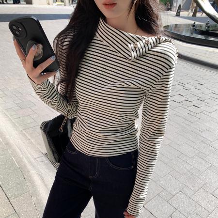 FA50127# 图韩系高级感翻领内搭打底衫T恤女秋冬新款独特条纹上衣 服裝批發女裝批發服飾貨源