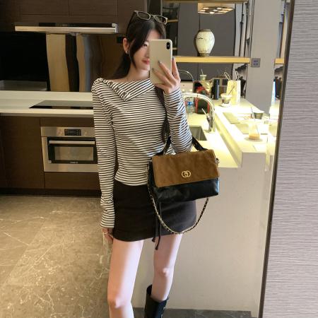 FA50127# 图韩系高级感翻领内搭打底衫T恤女秋冬新款独特条纹上衣 服裝批發女裝批發服飾貨源