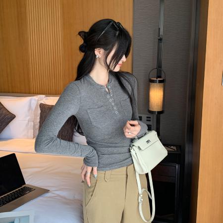 FA50128# 图亨利领长袖内搭打底衫T恤女秋冬新款高级感修身上衣 服裝批發女裝批發服飾貨源