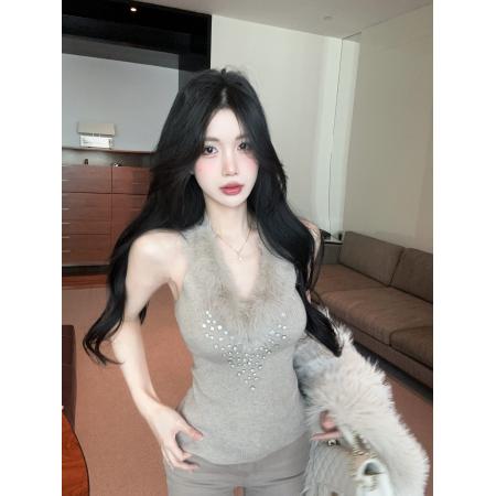 FA50135# 毛领手工钻挂脖露背针织衫吊带背心女修身打底衫 服裝批發女裝批發服飾貨源