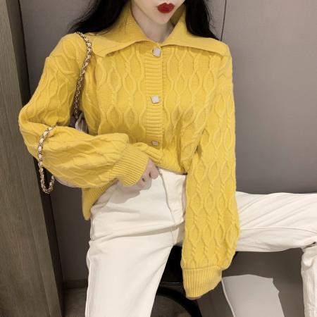 FA50136# 冬季新款大领子麻花毛衣排扣加厚开衫外套女上衣 服裝批發女裝批發服飾貨源