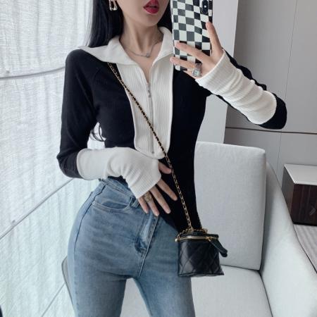 FA50137# 秋冬新款黑白撞色针织打底衫翻领拉链T恤上衣女 服裝批發女裝批發服飾貨源